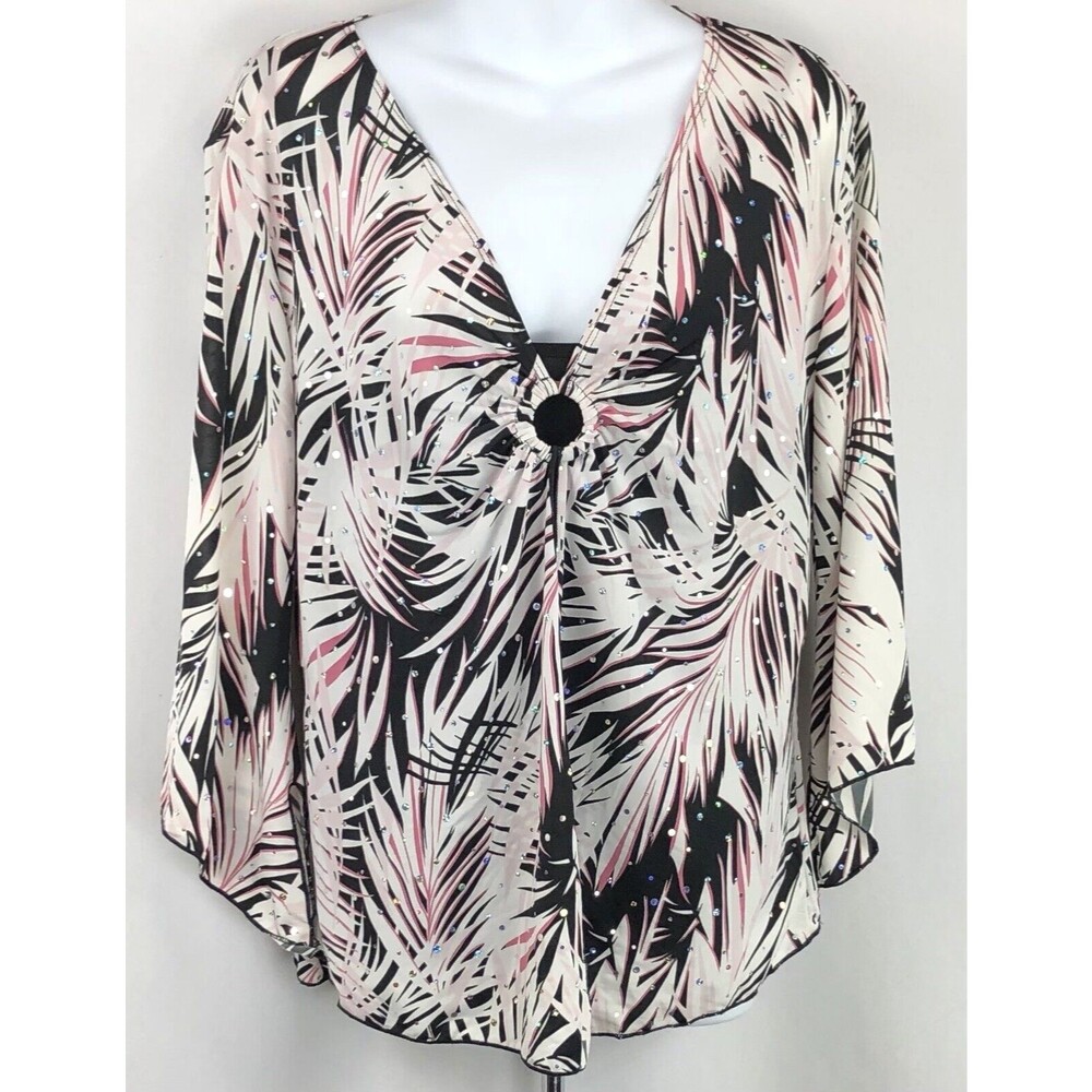 Vintage Inset top XL Wht Blk Geo Sequin Gathered Split Front Asymmetrical Sleeve